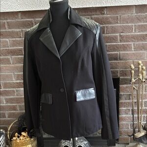 Blanc Noir Black Leather-Accented Blazer